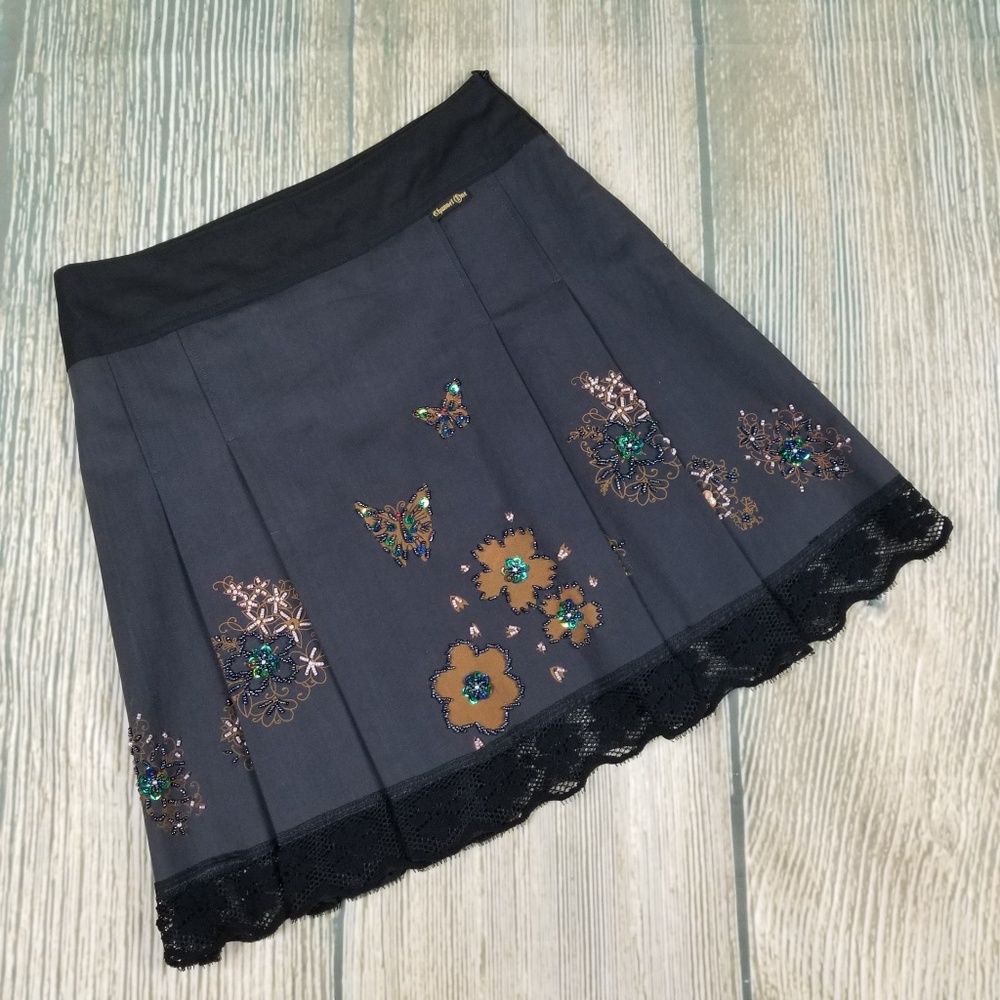 New CHANNEL ONE black beaded lace trim skirt